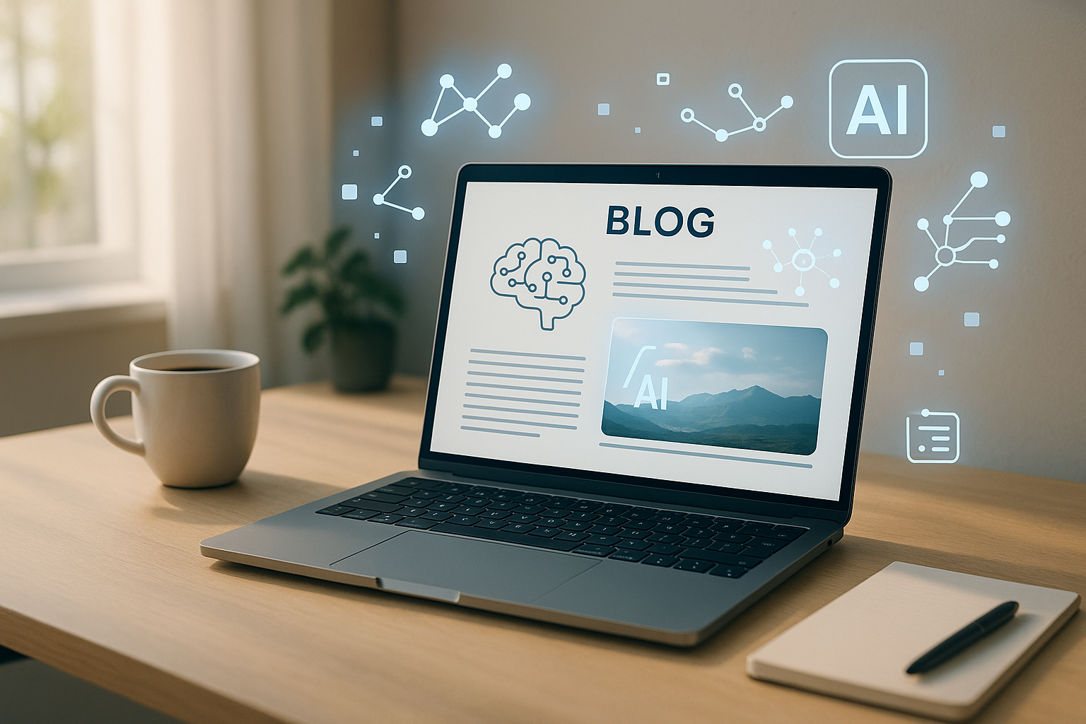 AI × ブログの始まりをイメージした画像。ノートPCに向かう人物とAIを象徴する光