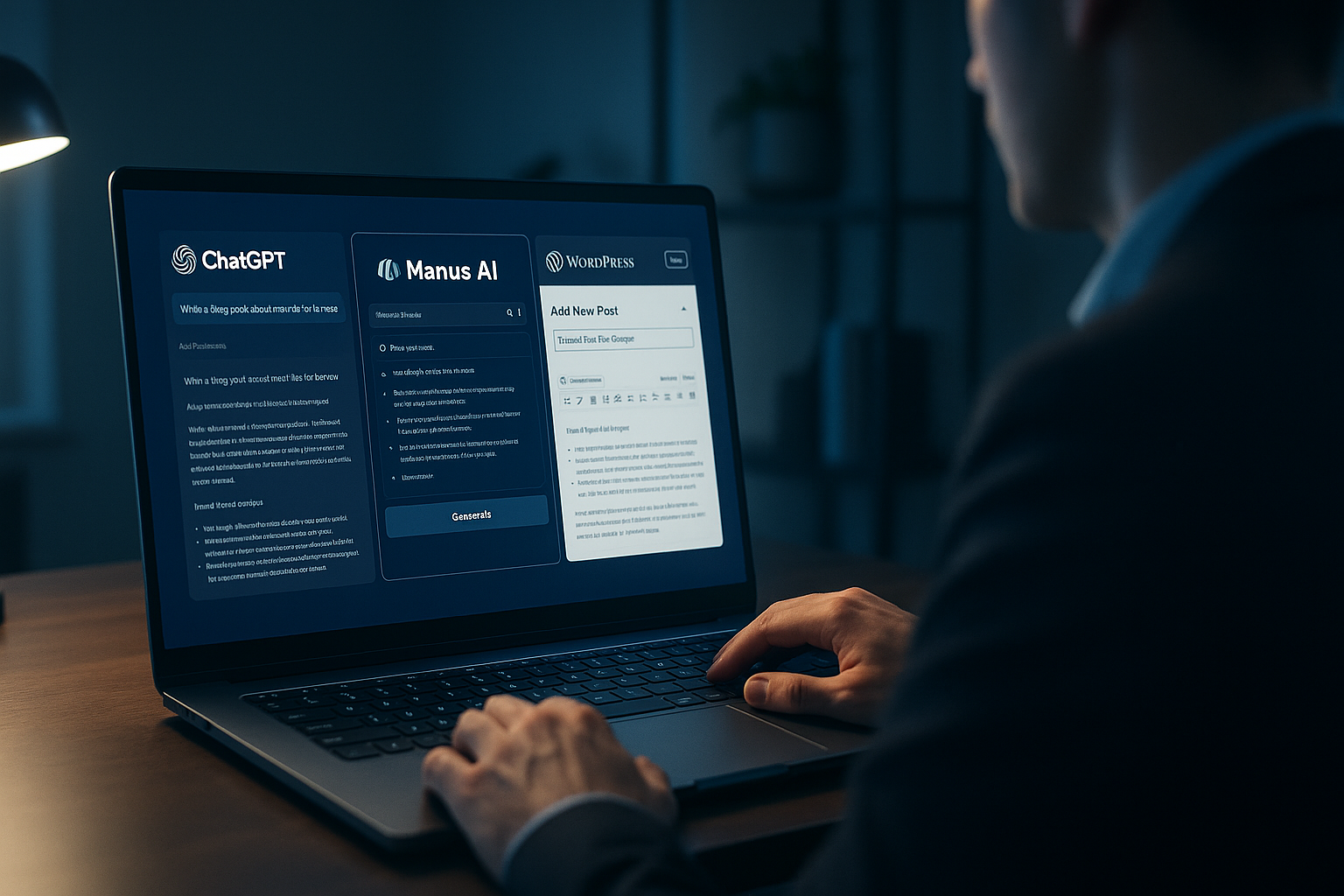 ChatGPT、Manus AI、WordPressの3つのツールが画面に表示され、ブログ自動化のワークフローを象徴するイメージ