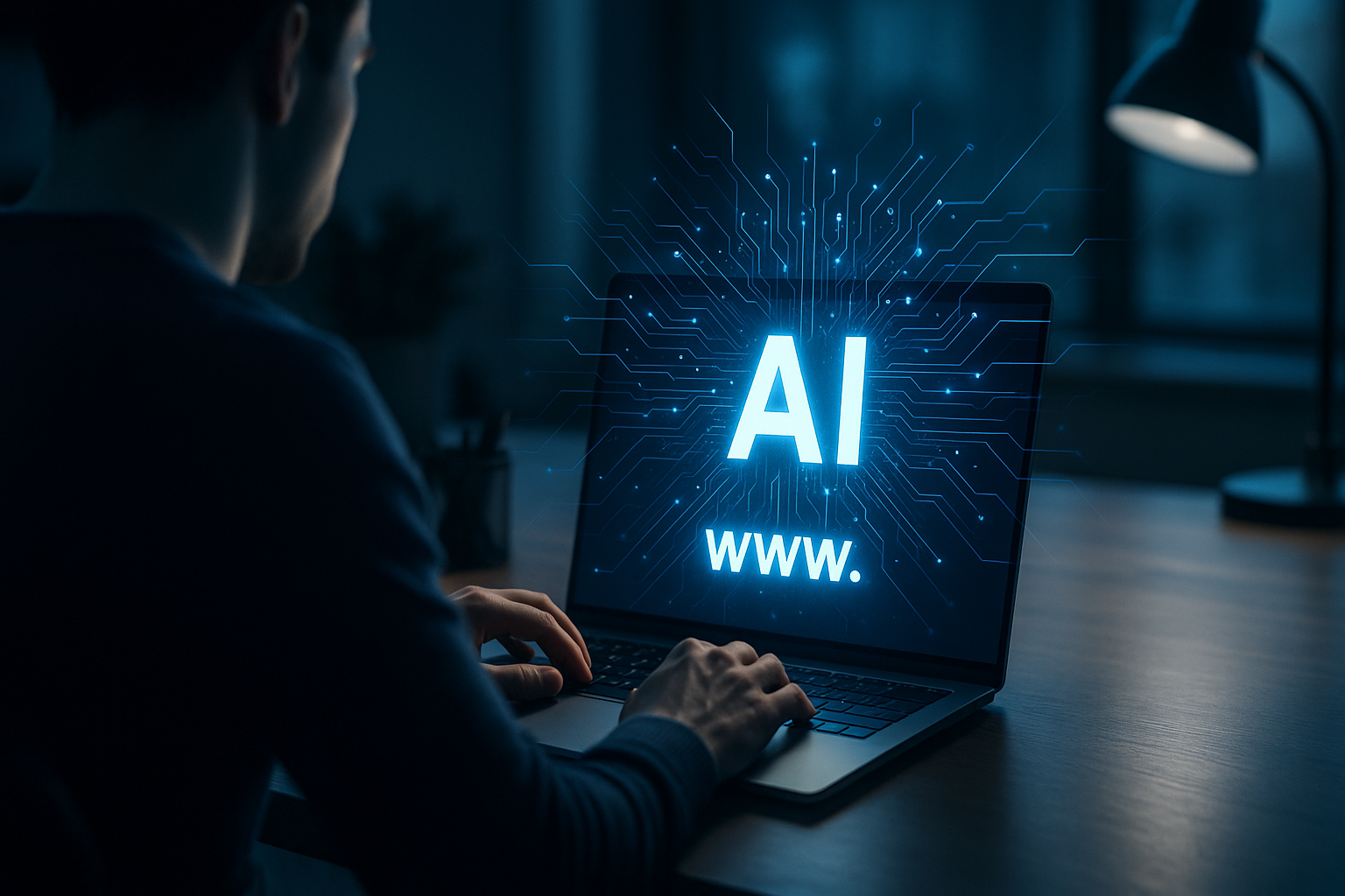 AIとブログ運営の融合を象徴するイメージ。デジタル脳とコンテンツ作成の視覚化
